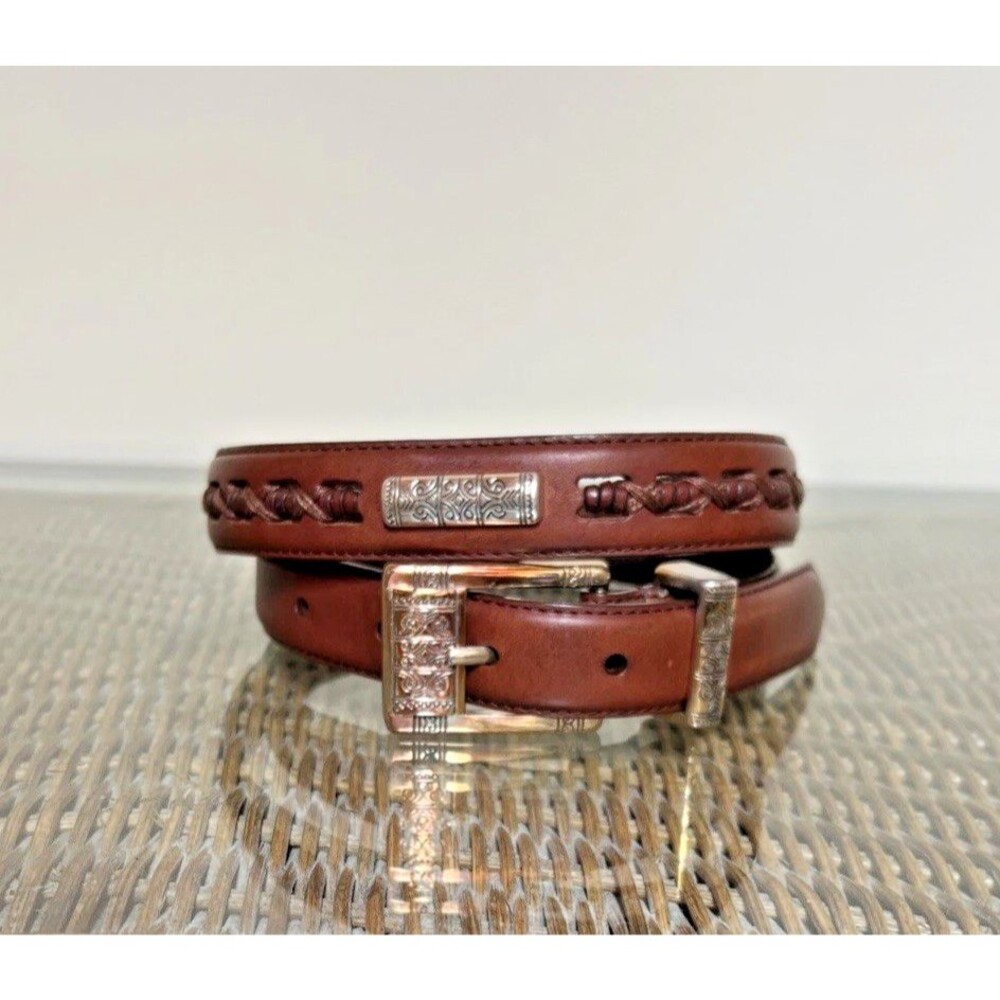 Vintage Size M 30-32" Fossil Brown Leather Belt Silver Toned Accents